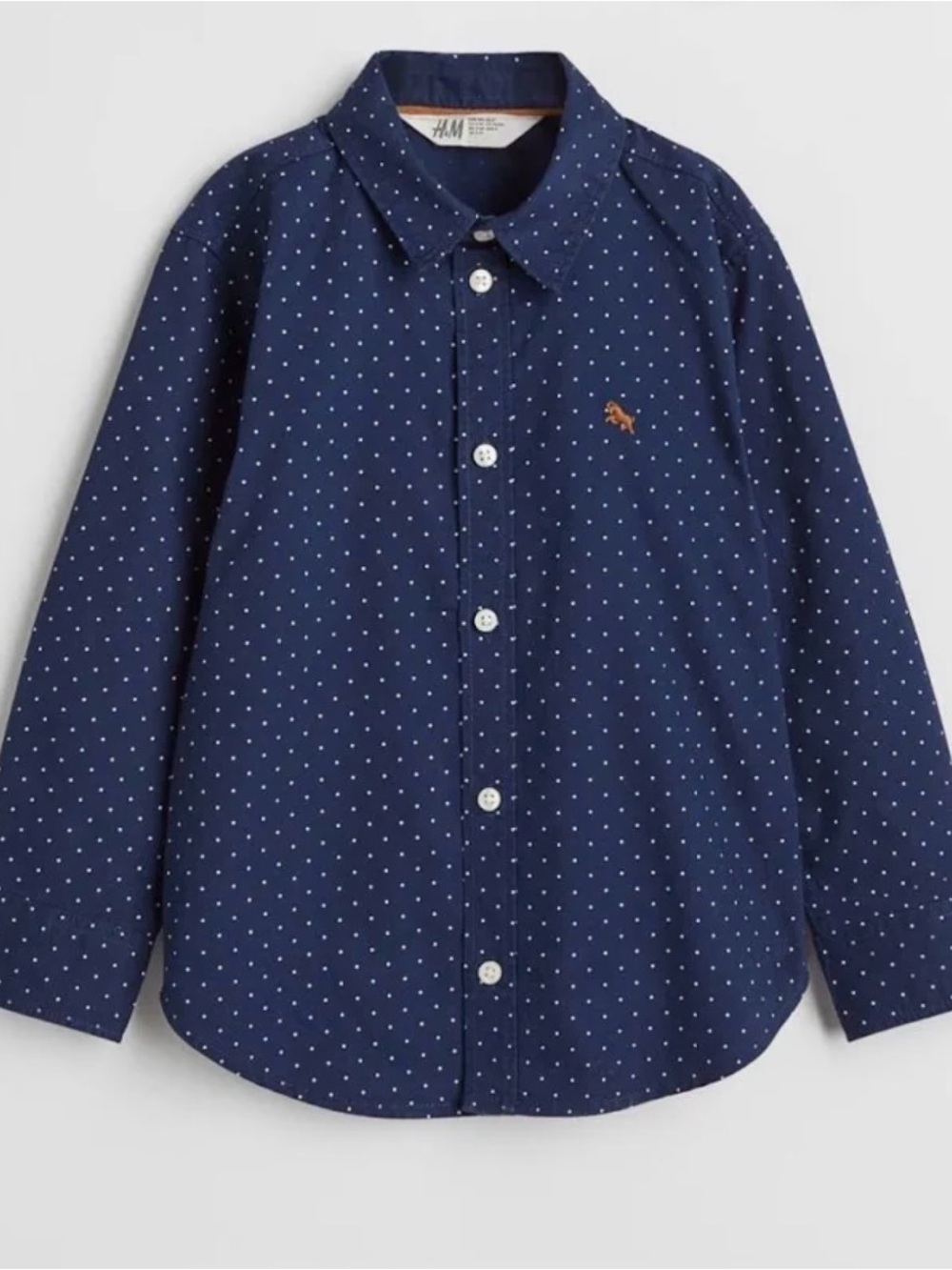 H&M Men's Navy Button-Down Shirt with White Micro Dot Pattern